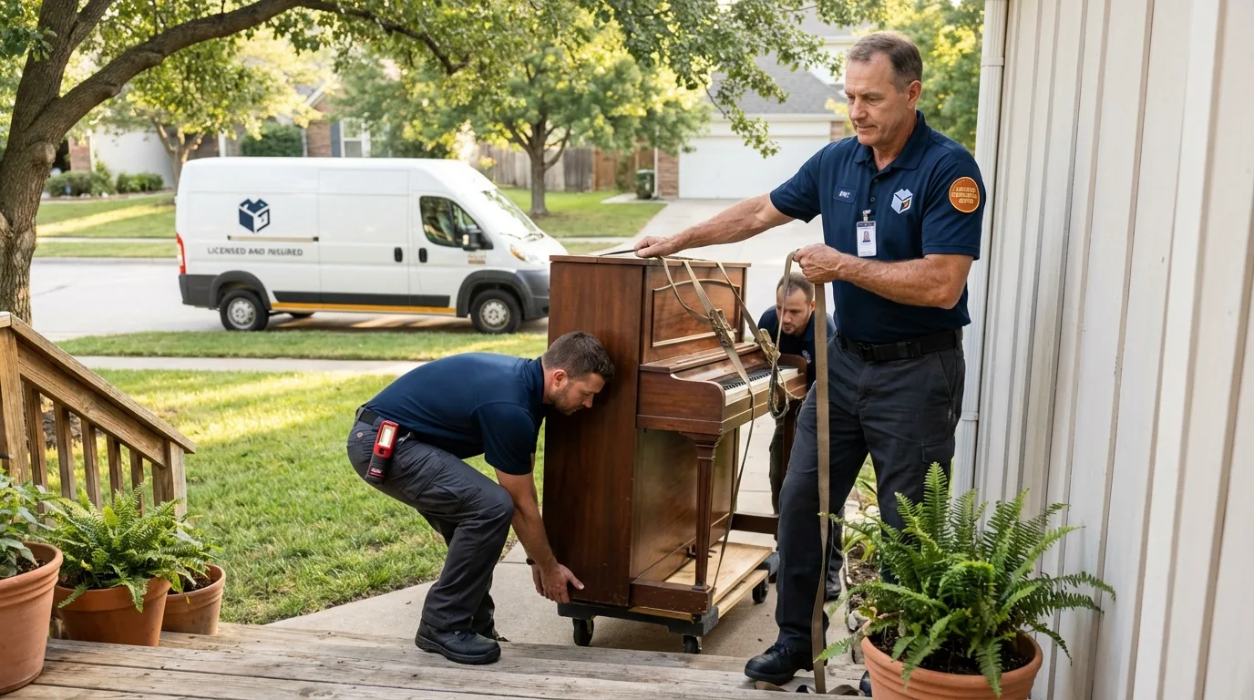 Licensed piano movers securing grand piano in Cottage Grove, OR