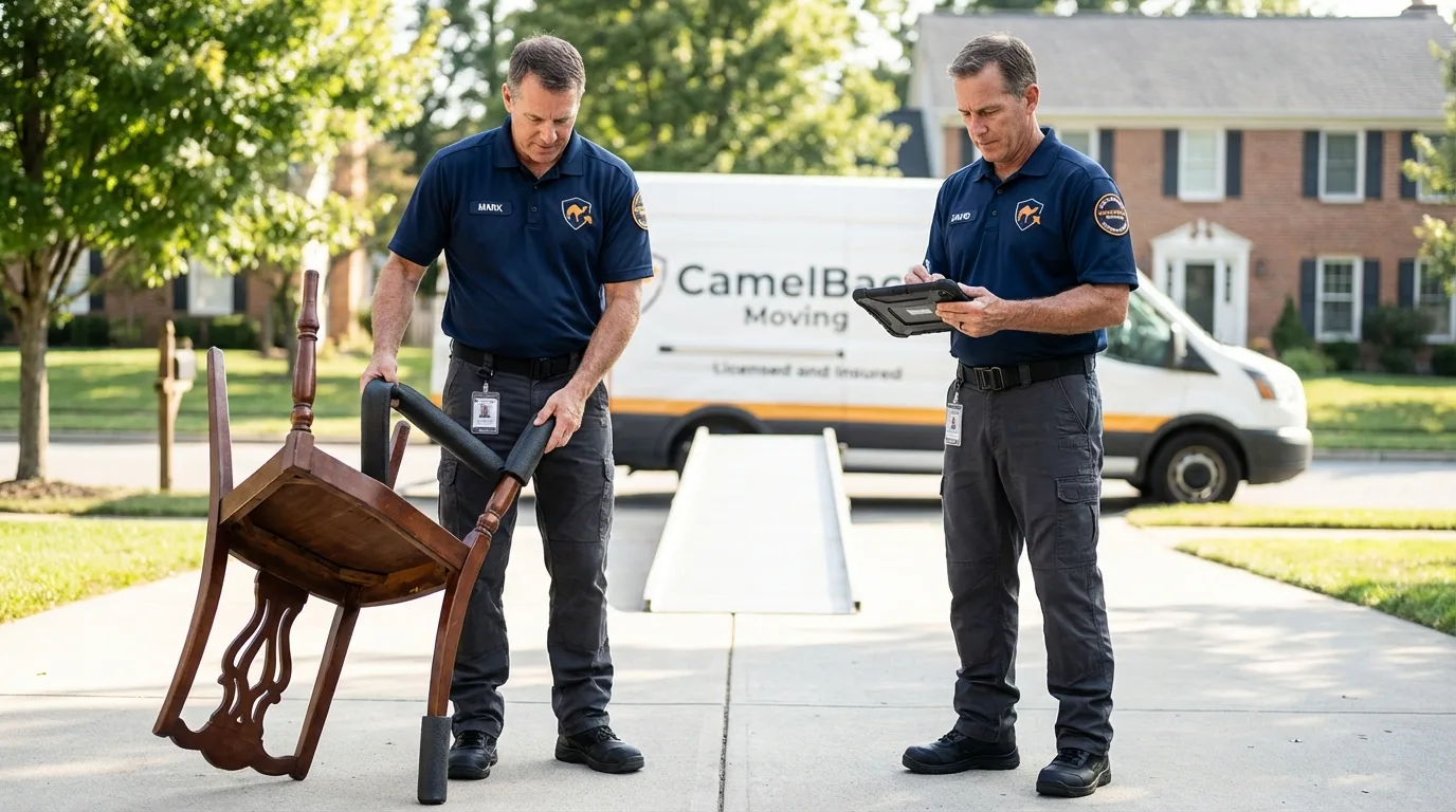 Movers inspecting furniture for damage prevention before loading in Cottage Grove, OR