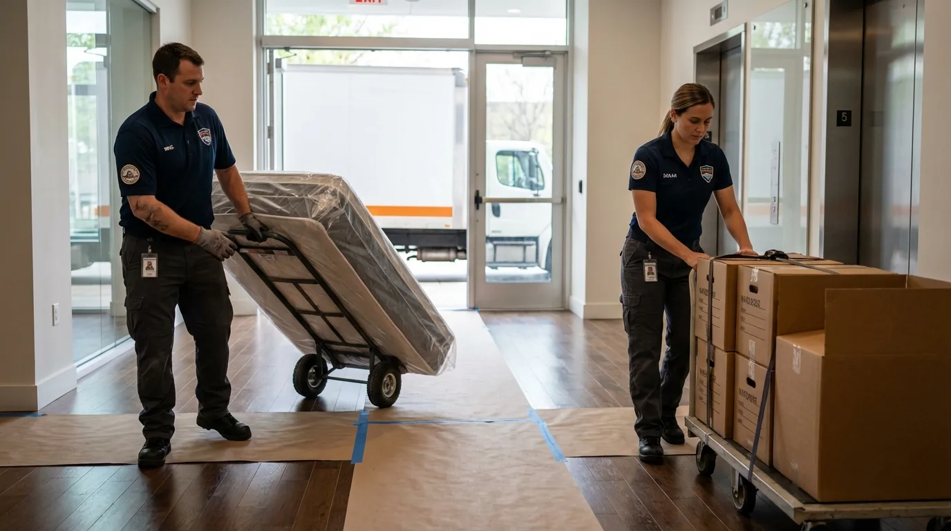 Professional apartment movers loading elevator in Cottage Grove, OR
