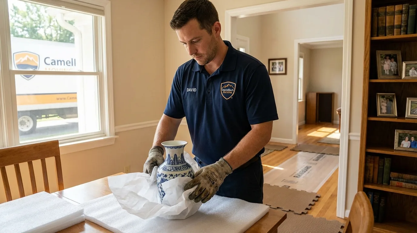Professional crew carefully wrapping antique vase for senior downsizing move in Cottage Grove, OR